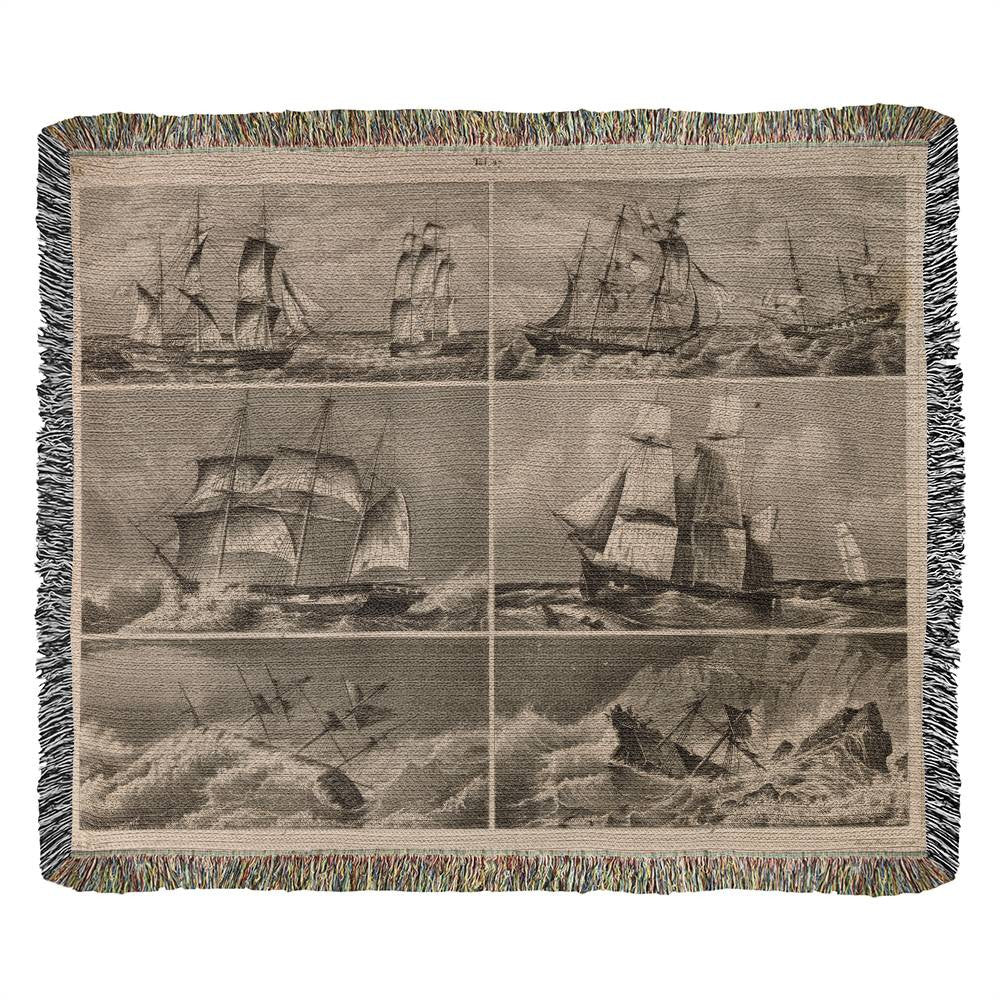 ANTIQUE Tapestry Navy Print – Vintage Wall Art – Original Heck Illustration Heirloom Photo Woven Blanket (Landscape)