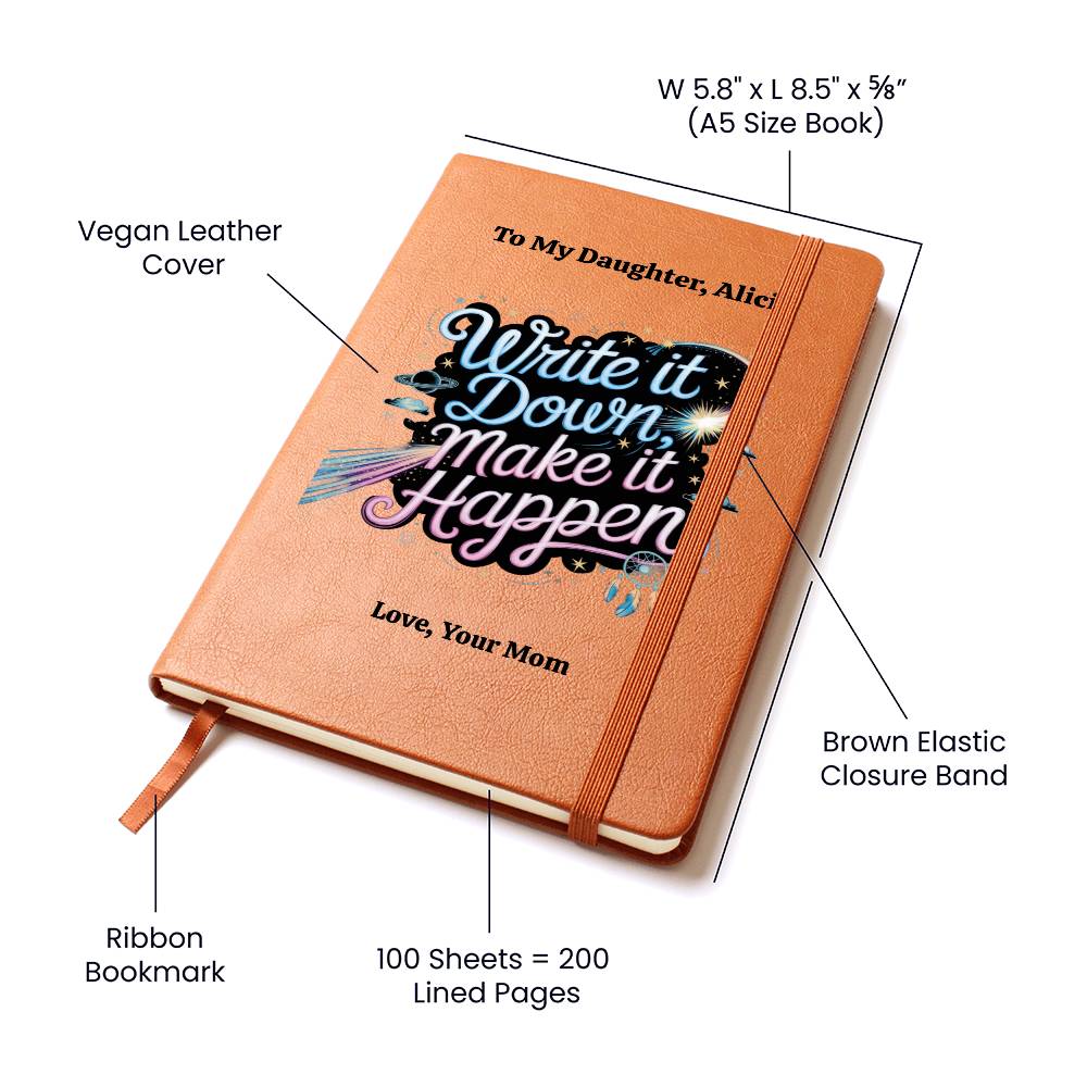 Personalized Leather Journal, Inspirational Notebook, Custom Vegan Leather Diary, Gift For Daughter, Write It Down Make It Happen
