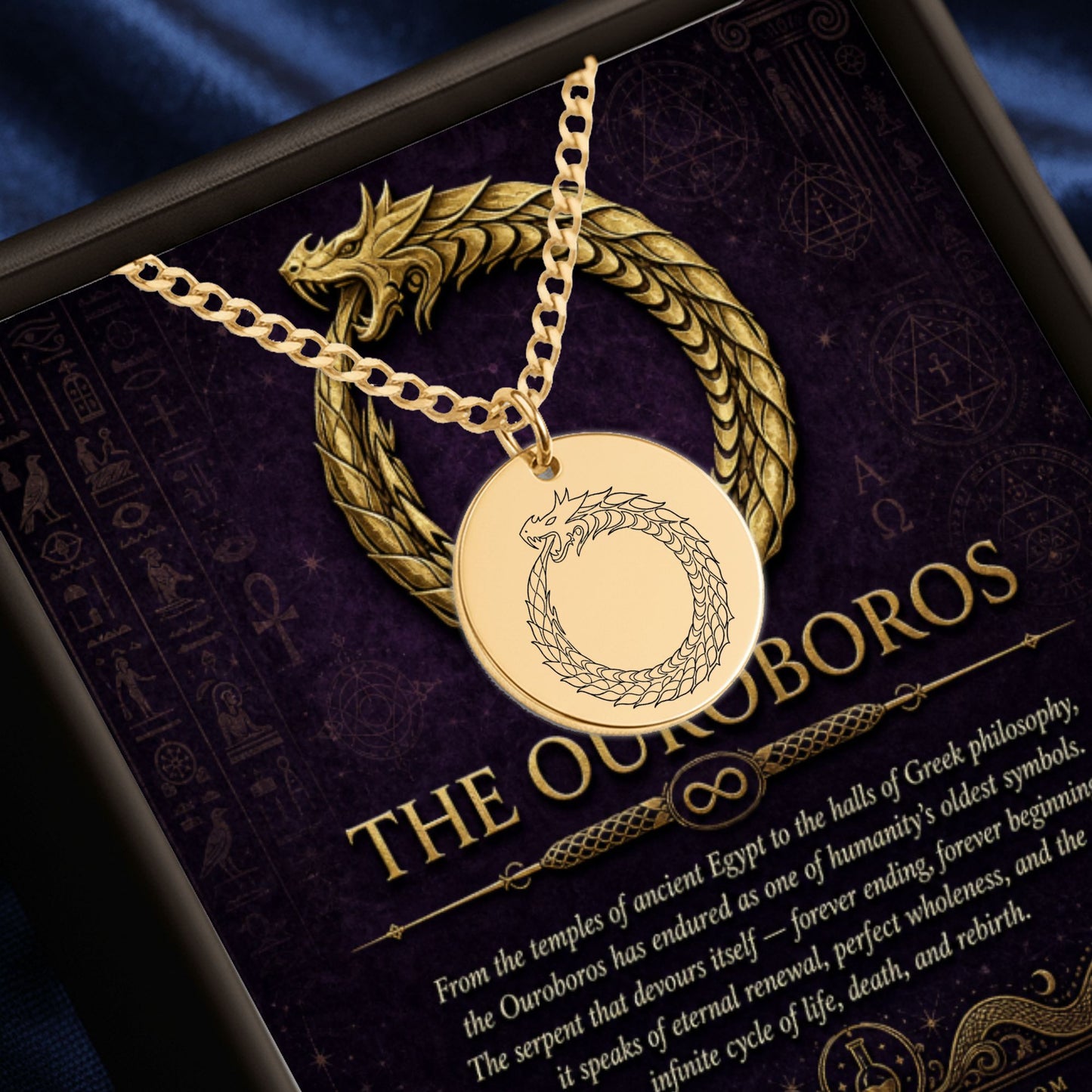 Ouroboros Necklace, Gold Engraved Pendant, Customizable Gift for Him Her, Laser Engraved Jewelry
