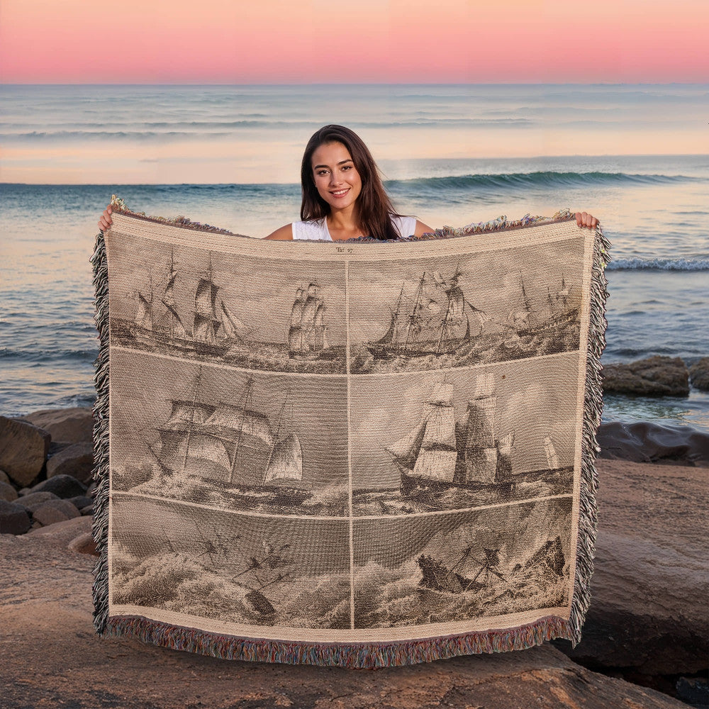 ANTIQUE Tapestry Navy Print – Vintage Wall Art – Original Heck Illustration Heirloom Photo Woven Blanket (Landscape)