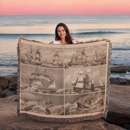 ANTIQUE Tapestry Navy Print – Vintage Wall Art – Original Heck Illustration Heirloom Photo Woven Blanket (Landscape)