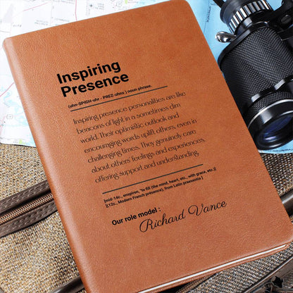 Inspiring Presence Graphic Vegan Leather Journal, Personalized Notebook Gift, Inspirational Writing Journal, Custom Brown Journal