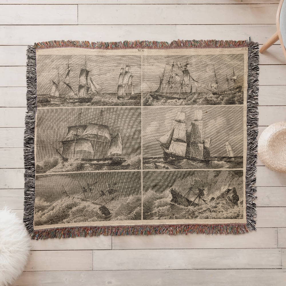 ANTIQUE Tapestry Navy Print – Vintage Wall Art – Original Heck Illustration Heirloom Photo Woven Blanket (Landscape)