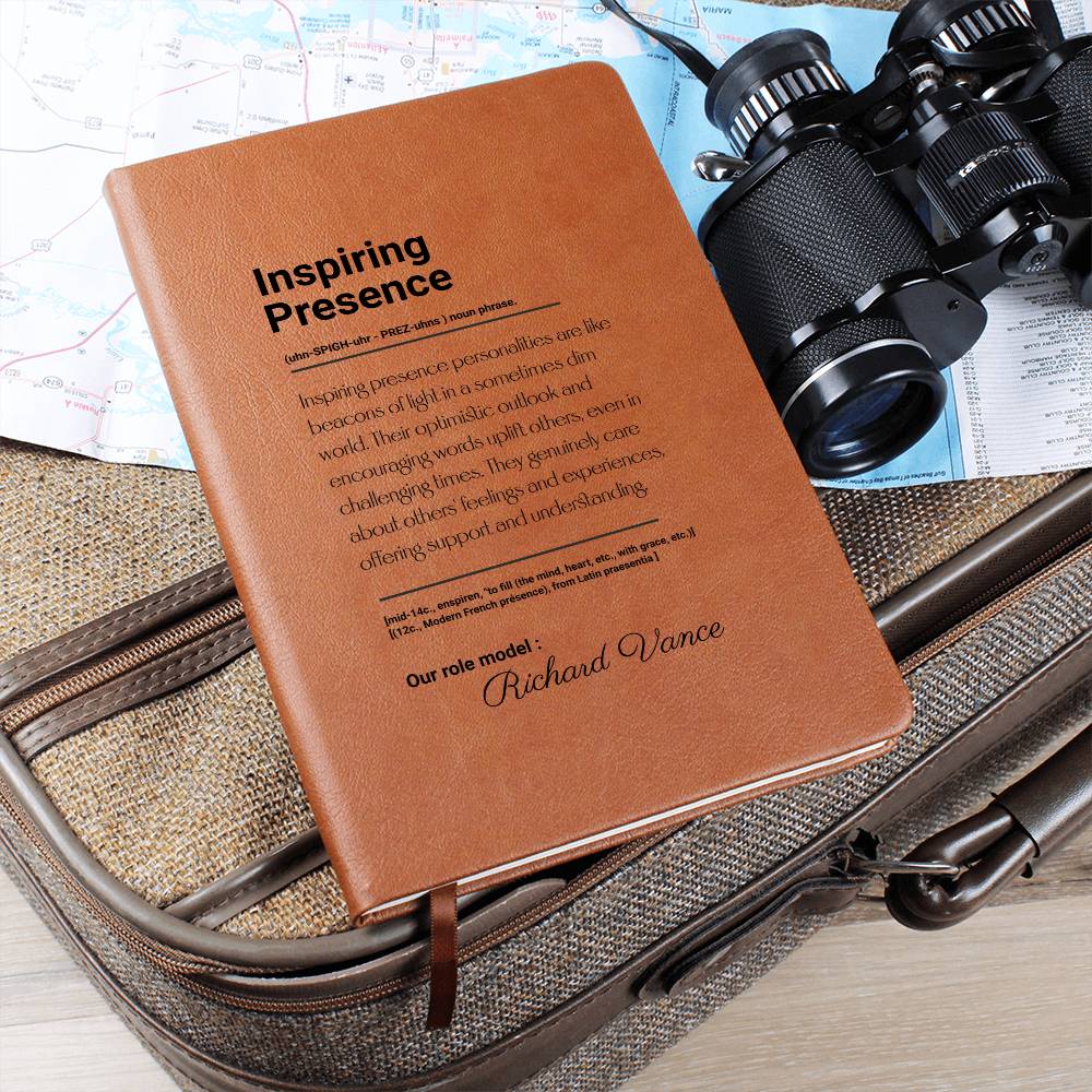 Inspiring Presence Graphic Vegan Leather Journal, Personalized Notebook Gift, Inspirational Writing Journal, Custom Brown Journal
