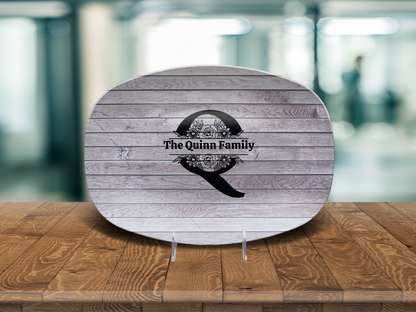Personalized Family Name Oval Platter, Custom Dinnerware, Rustic Wood Design, Unique Wedding Gift, Unbreakable Serving Tray, Kitchen Decor