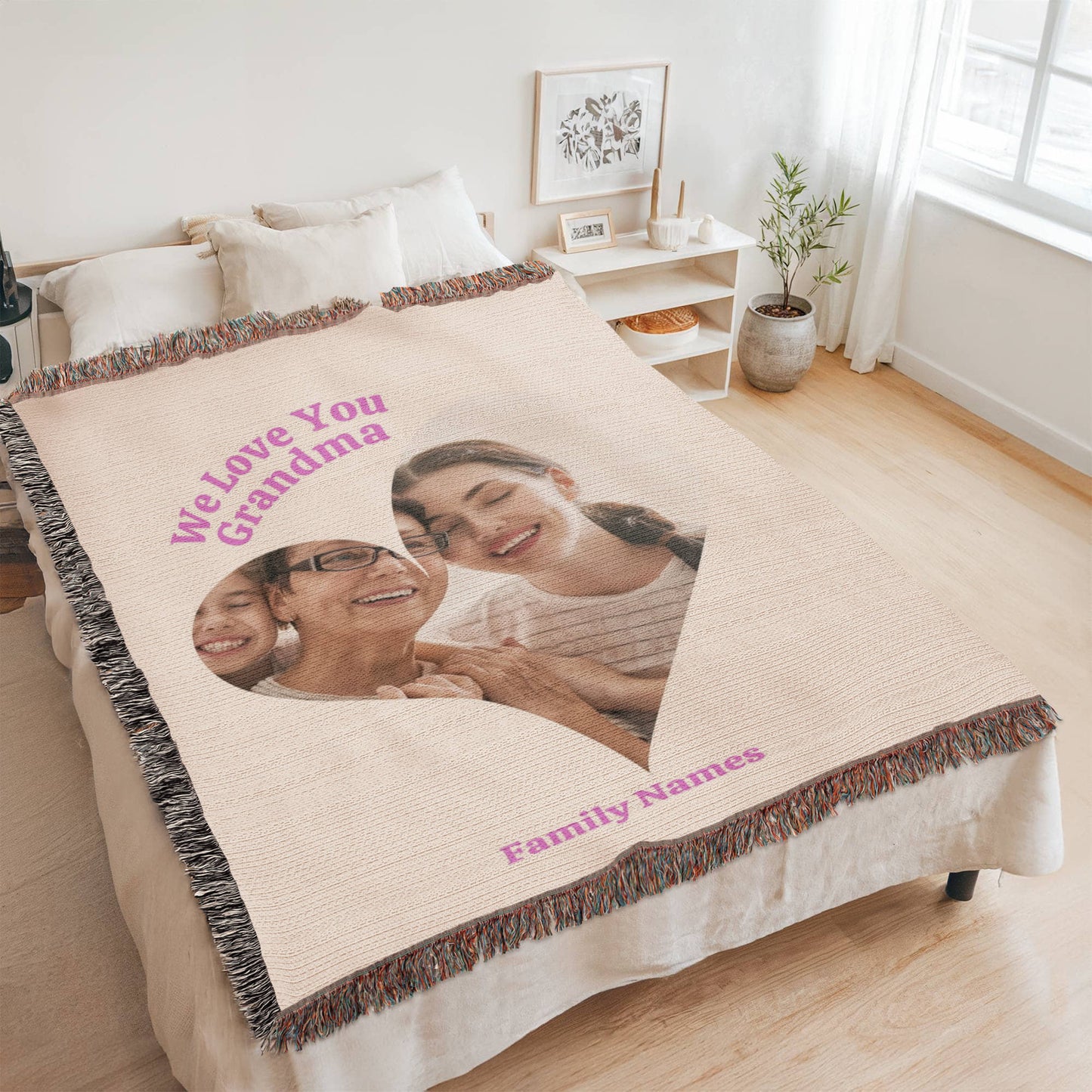 Custom Photo Woven Blanket, Personalized Grandma Gift, Heart Shape Keepsake, 100% Cotton Yarn, Family Photo Throw