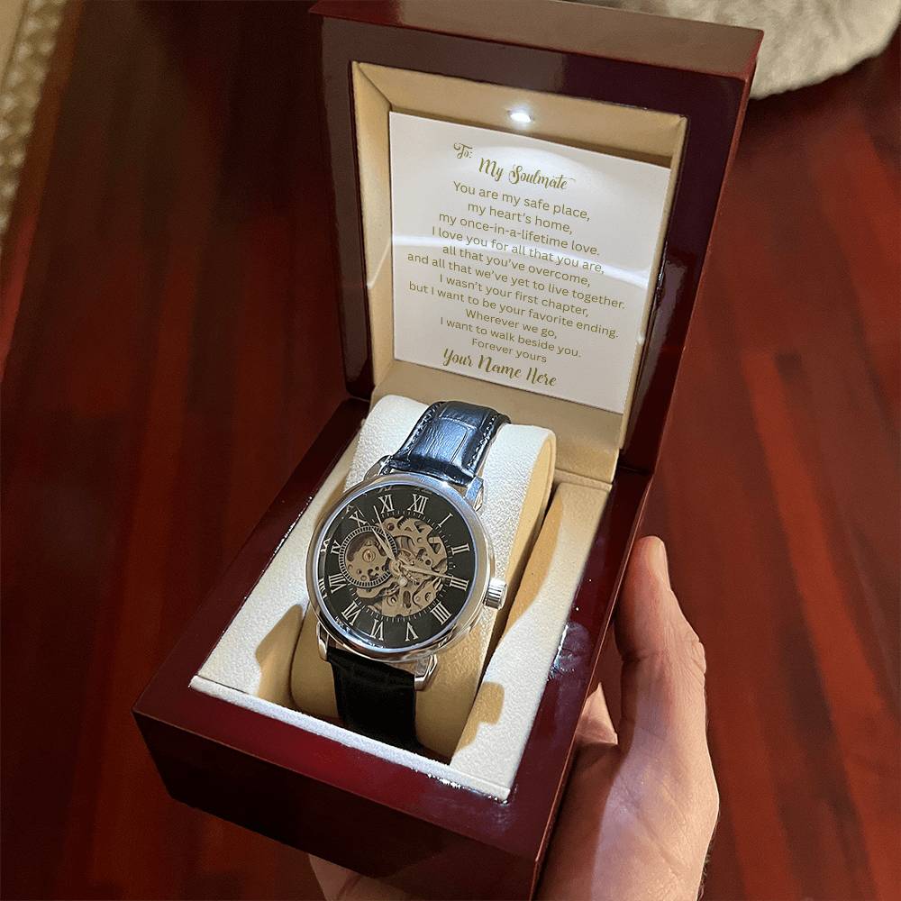 A Bold Timepiece for the Man Who Has Your Heart | Men's Openwork Watch, Luxury Skeleton | Genuine Black | Gift for Soulmate