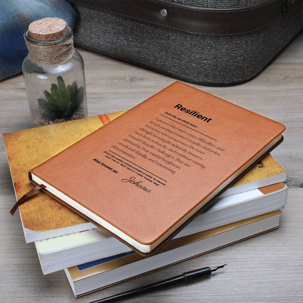 Vegan Leather Journal, Resilient Motivational Gift, Inspirational Notebook, Customizable Diary, Brown Personal Organizer