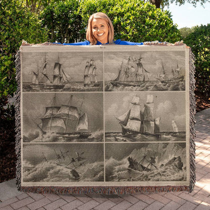 ANTIQUE Tapestry Navy Print – Vintage Wall Art – Original Heck Illustration Heirloom Photo Woven Blanket (Landscape)