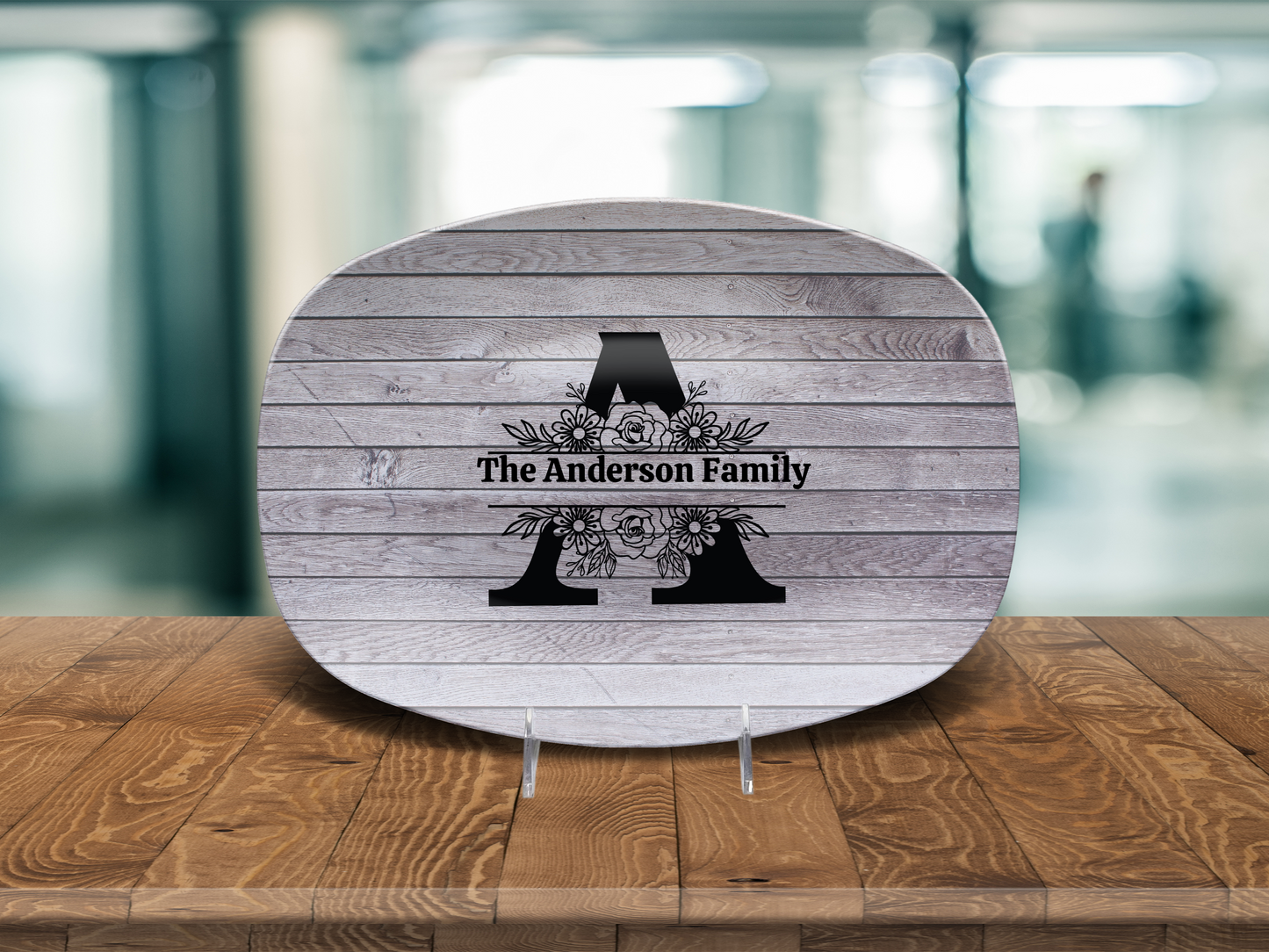 Personalized Family Name Oval Platter, Custom Dinnerware, Rustic Wood Design, Unique Wedding Gift, Unbreakable Serving Tray, Kitchen Decor