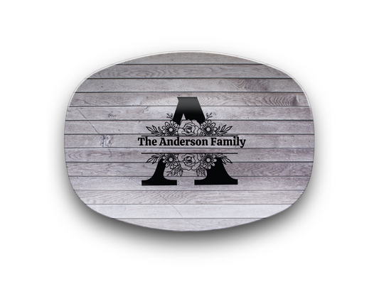 Personalized Family Name Oval Platter, Custom Dinnerware, Rustic Wood Design, Unique Wedding Gift, Unbreakable Serving Tray, Kitchen Decor