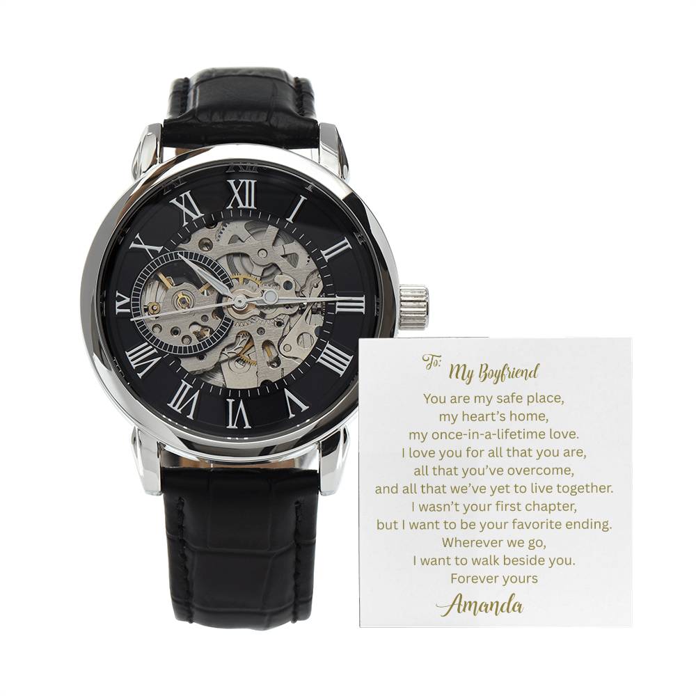 A Gift as Strong, Handsome, and Steady as He Is - Your Boyfriend | Men's Openwork Watch, Luxury Skeleton | Genuine Black | Gift for Boyfriend