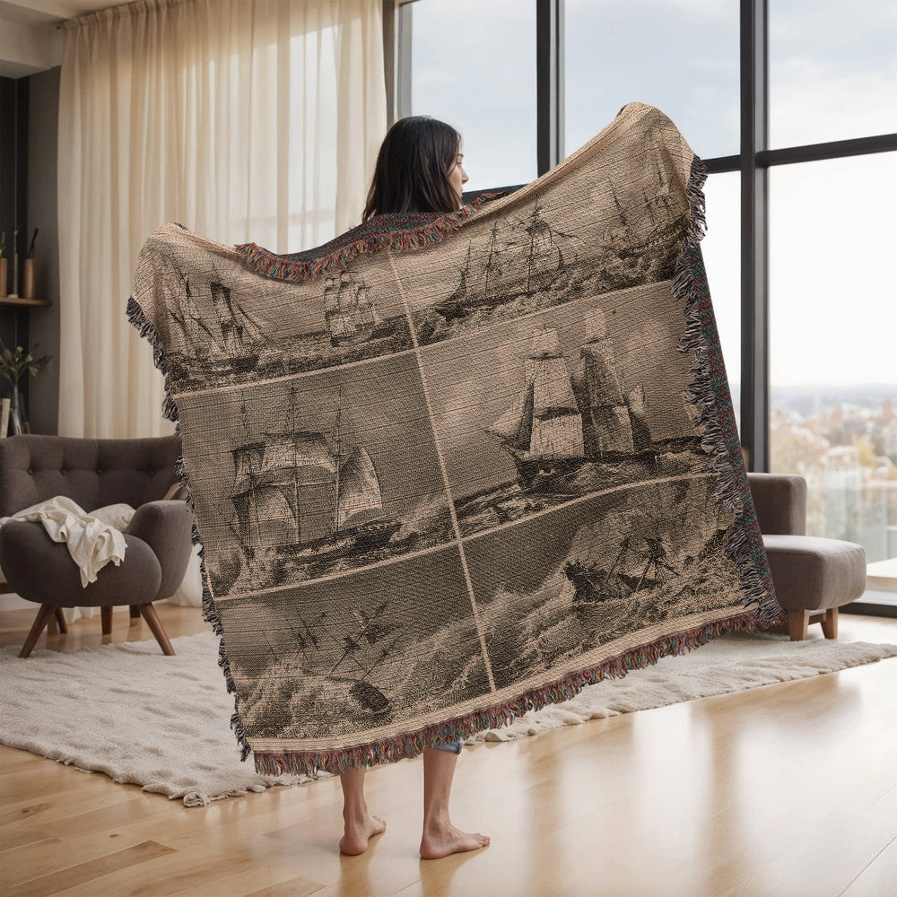 ANTIQUE Tapestry Navy Print – Vintage Wall Art – Original Heck Illustration Heirloom Photo Woven Blanket (Landscape)