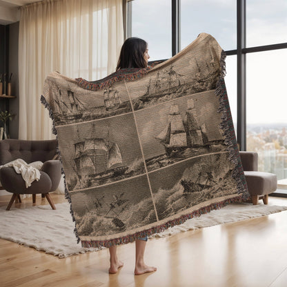 ANTIQUE Tapestry Navy Print – Vintage Wall Art – Original Heck Illustration Heirloom Photo Woven Blanket (Landscape)