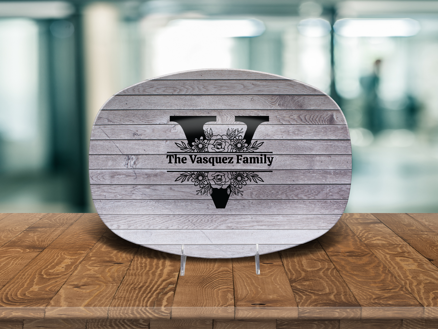 Personalized Family Name Oval Platter, Custom Dinnerware, Rustic Wood Design, Unique Wedding Gift, Unbreakable Serving Tray, Kitchen Decor