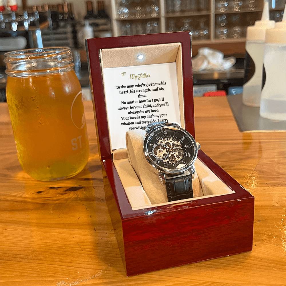 Gift for Father - For the Man Who Gives You His Time—Give Him This Timepiece | Men's Openwork Watch, Luxury Skeleton | Genuine Black Leather