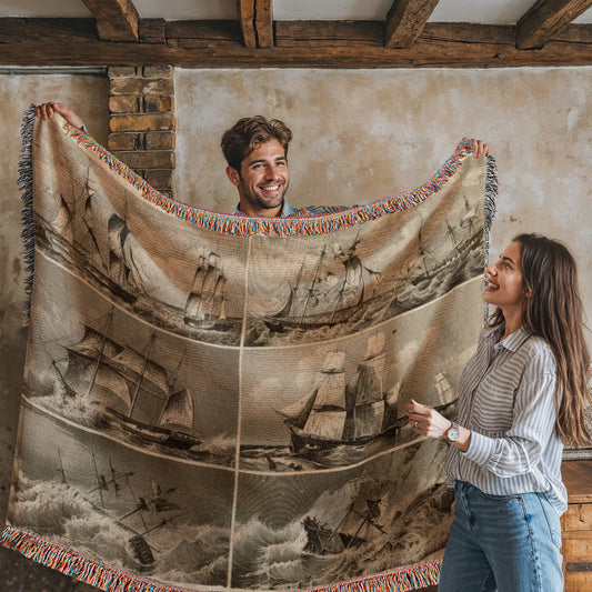 ANTIQUE Tapestry Navy Print – Vintage Wall Art – Original Heck Illustration Heirloom Photo Woven Blanket (Landscape)
