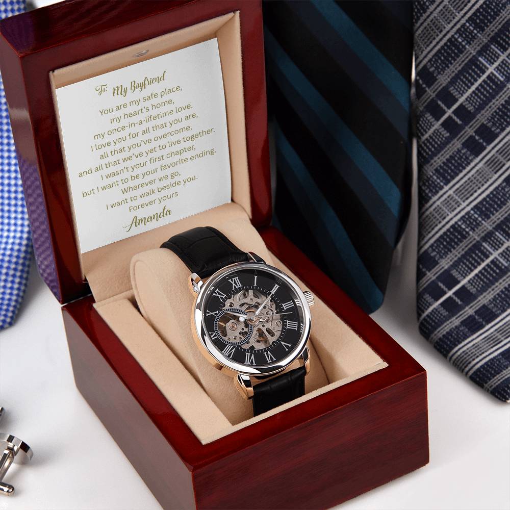 A Gift as Strong, Handsome, and Steady as He Is - Your Boyfriend | Men's Openwork Watch, Luxury Skeleton | Genuine Black | Gift for Boyfriend