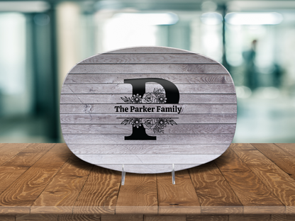 Personalized Family Name Oval Platter, Custom Dinnerware, Rustic Wood Design, Unique Wedding Gift, Unbreakable Serving Tray, Kitchen Decor