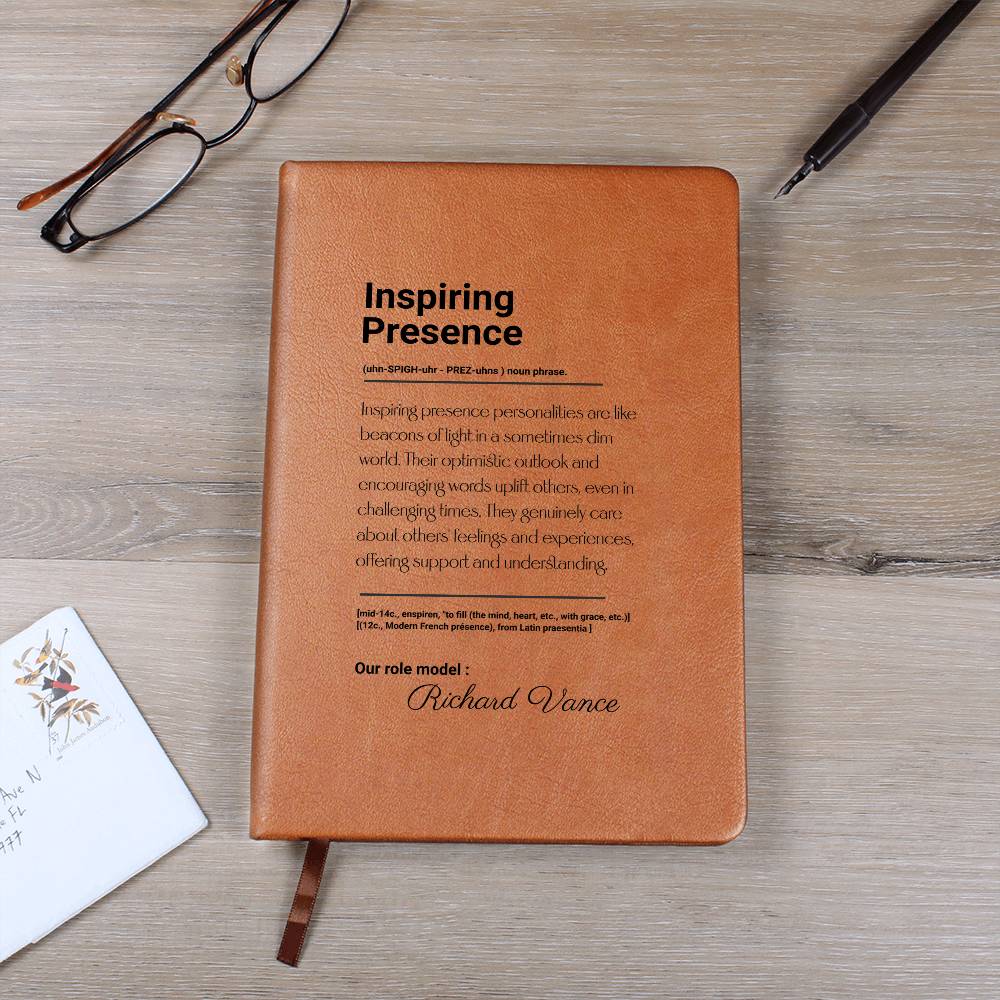 Inspiring Presence Graphic Vegan Leather Journal, Personalized Notebook Gift, Inspirational Writing Journal, Custom Brown Journal