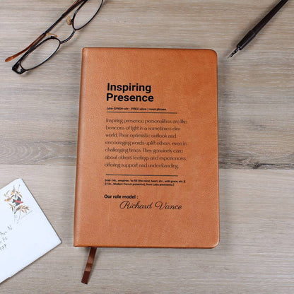 Inspiring Presence Graphic Vegan Leather Journal, Personalized Notebook Gift, Inspirational Writing Journal, Custom Brown Journal