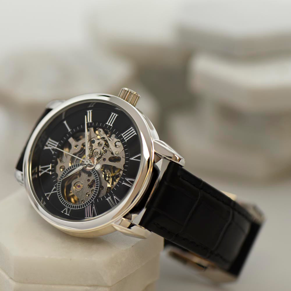Gift for Soulmate | A Bold Timepiece for the Man Who Has Your Heart | Men's Openwork Watch, Luxury Skeleton | Genuine Black Leather