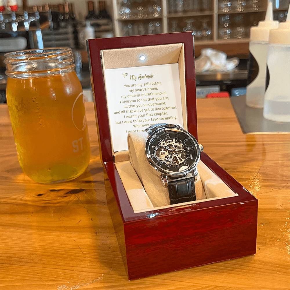 A Bold Timepiece for the Man Who Has Your Heart | Men's Openwork Watch, Luxury Skeleton | Genuine Black | Gift for Soulmate