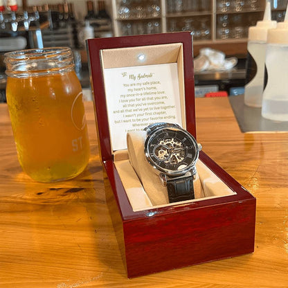 Gift for Soulmate | A Bold Timepiece for the Man Who Has Your Heart | Men's Openwork Watch, Luxury Skeleton | Genuine Black Leather