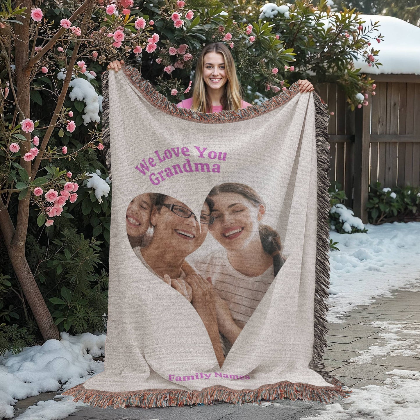 Custom Photo Woven Blanket, Personalized Grandma Gift, Heart Shape Keepsake, 100% Cotton Yarn, Family Photo Throw