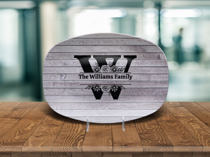 Personalized Family Name Oval Platter, Custom Dinnerware, Rustic Wood Design, Unique Wedding Gift, Unbreakable Serving Tray, Kitchen Decor