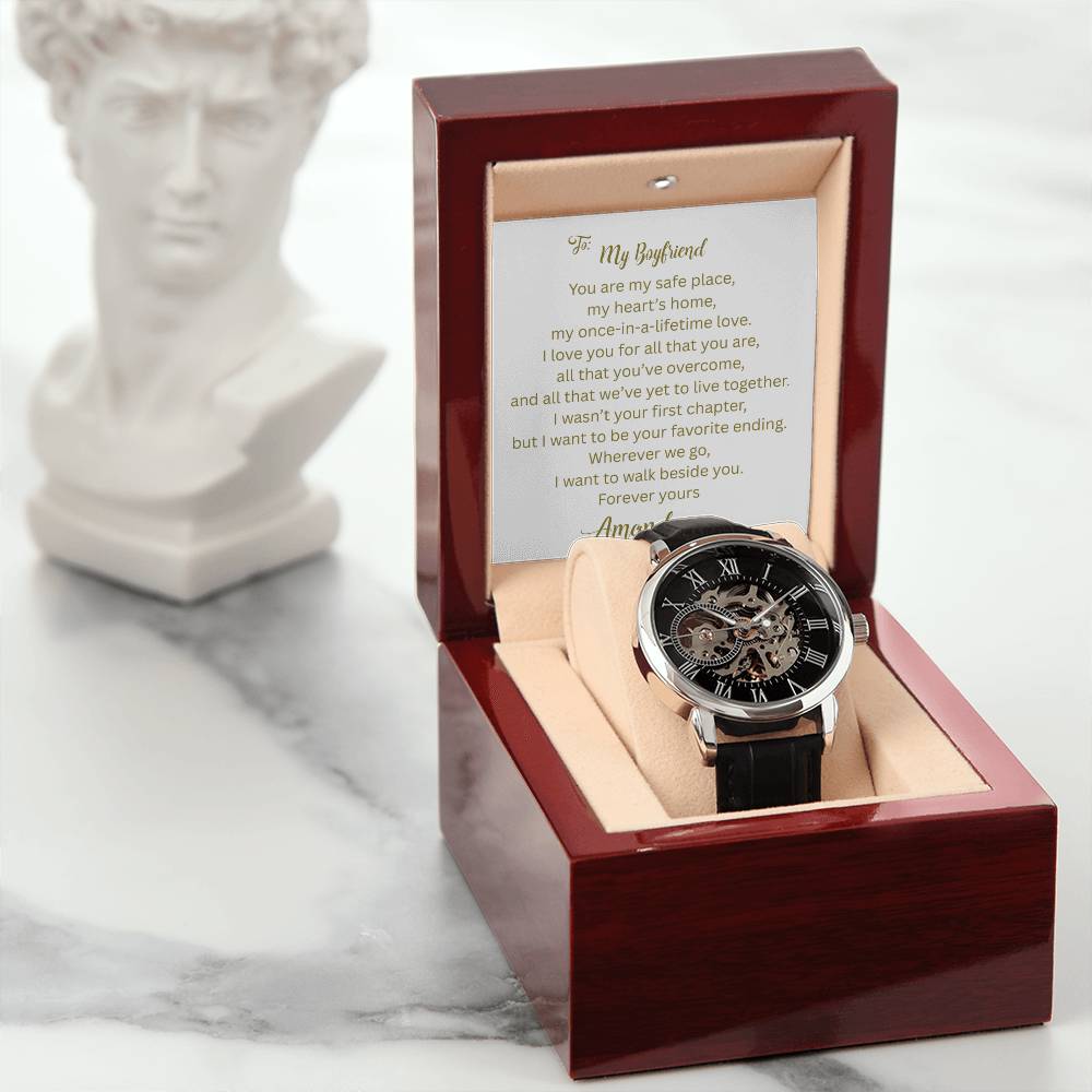 A Gift as Strong, Handsome, and Steady as He Is - Your Boyfriend | Men's Openwork Watch, Luxury Skeleton | Genuine Black | Gift for Boyfriend