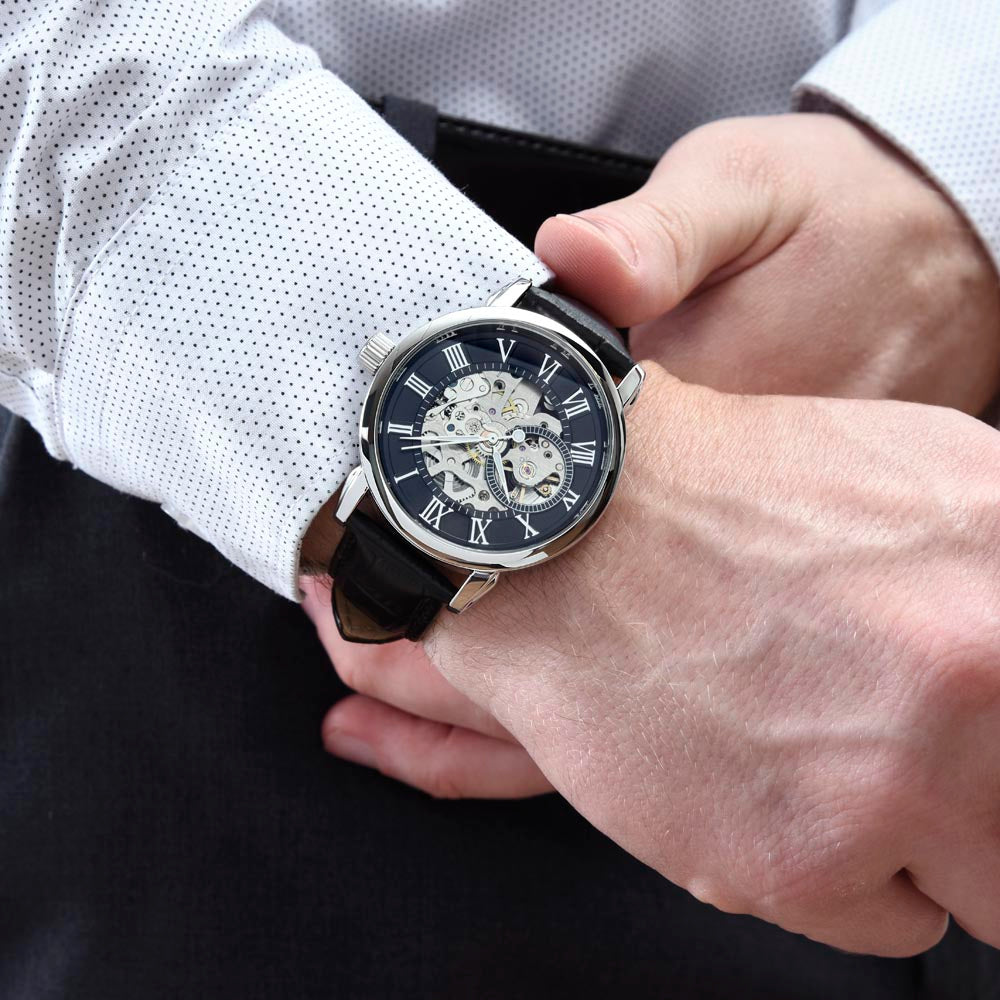 Gift for Soulmate | A Bold Timepiece for the Man Who Has Your Heart | Men's Openwork Watch, Luxury Skeleton | Genuine Black Leather