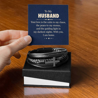 To My Husband - Men's Cross Leather Bracelet