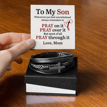 To My Son From Mom - Men's Cross Leather Bracelet