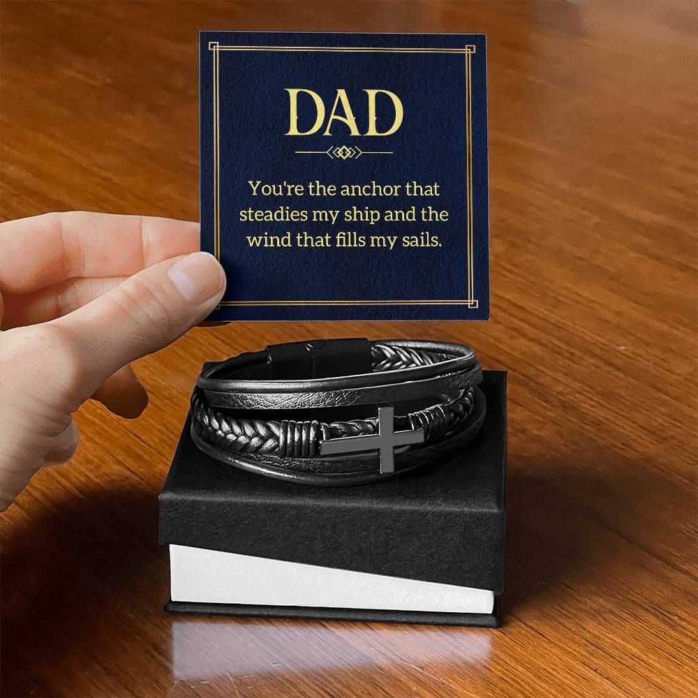 Dad: You're the Anchor - Men's Cross Leather Bracelet