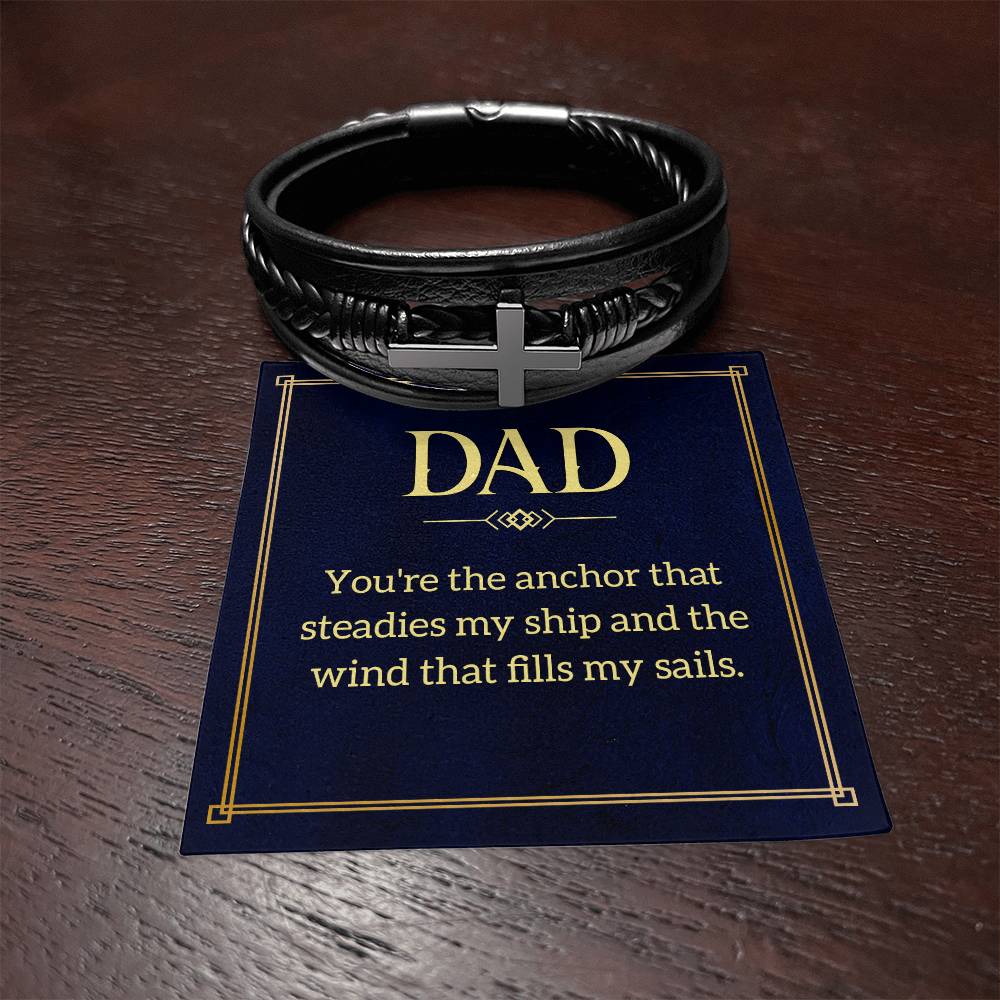 Dad: You're the Anchor - Men's Cross Leather Bracelet
