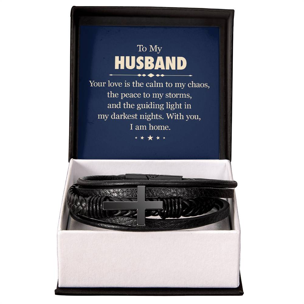 To My Husband - Men's Cross Leather Bracelet