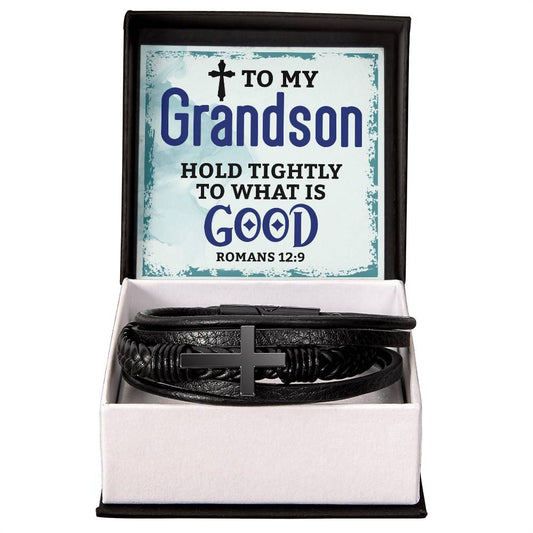 To My Grandson - Men's Cross Leather Bracelet