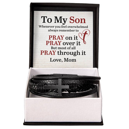 To My Son From Mom - Men's Cross Leather Bracelet