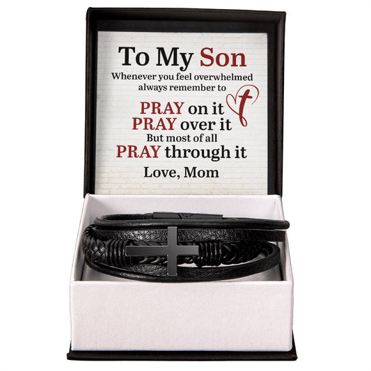 To My Son From Mom - Men's Cross Leather Bracelet