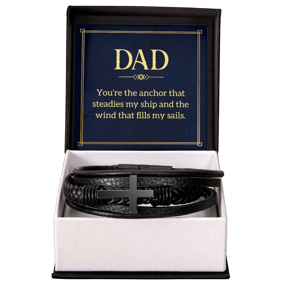 Dad: You're the Anchor - Men's Cross Leather Bracelet
