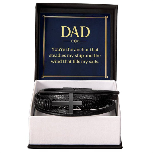 Dad: You're the Anchor - Men's Cross Leather Bracelet
