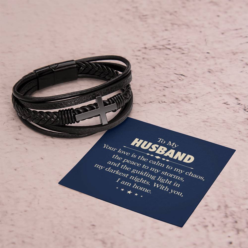 To My Husband - Men's Cross Leather Bracelet