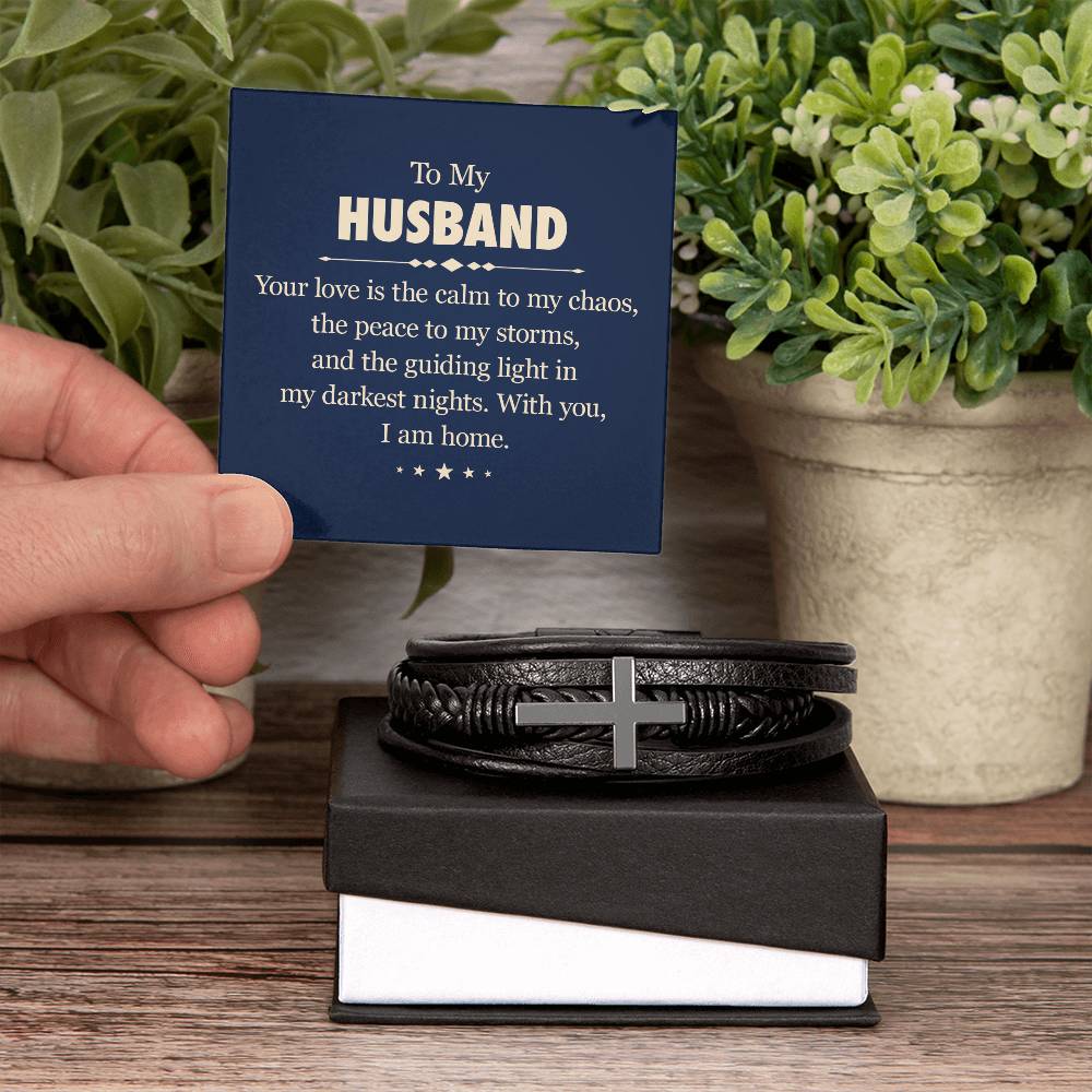 To My Husband - Men's Cross Leather Bracelet