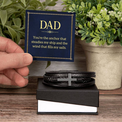 Dad: You're the Anchor - Men's Cross Leather Bracelet