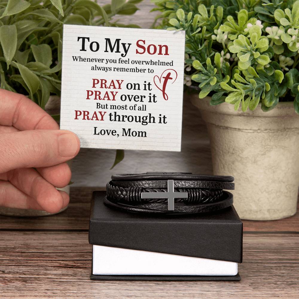 To My Son From Mom - Men's Cross Leather Bracelet