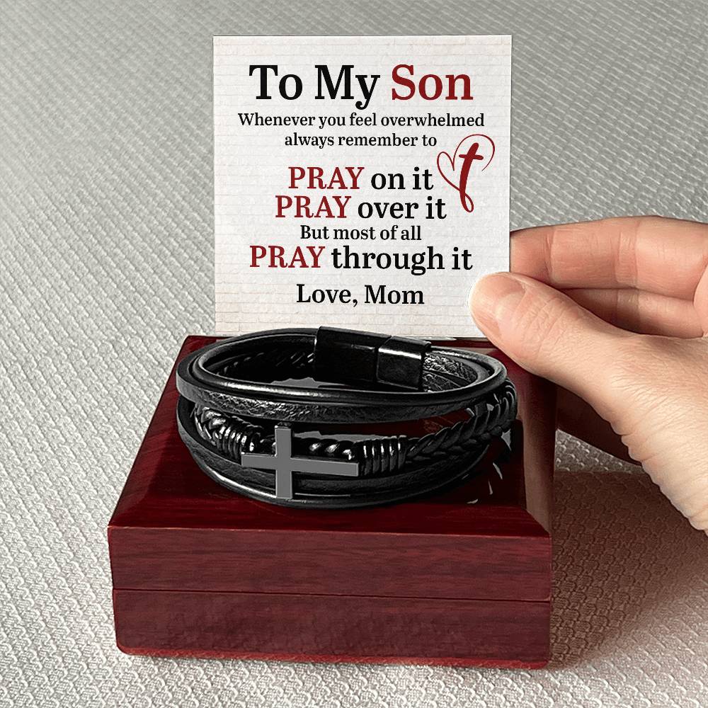 To My Son From Mom - Men's Cross Leather Bracelet
