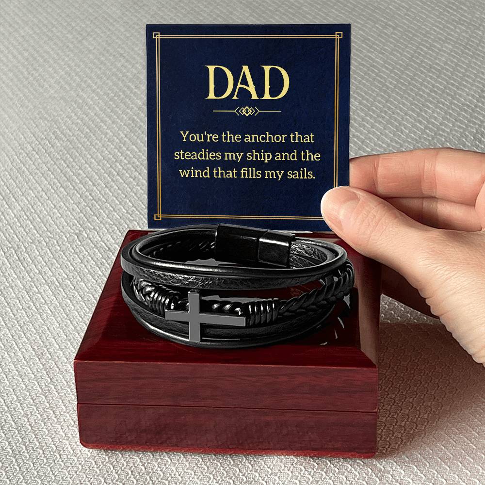 Dad: You're the Anchor - Men's Cross Leather Bracelet