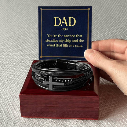 Dad: You're the Anchor - Men's Cross Leather Bracelet