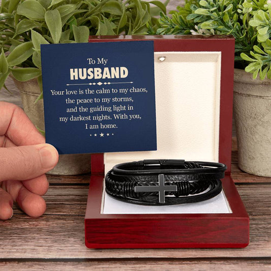 To My Husband - Men's Cross Leather Bracelet